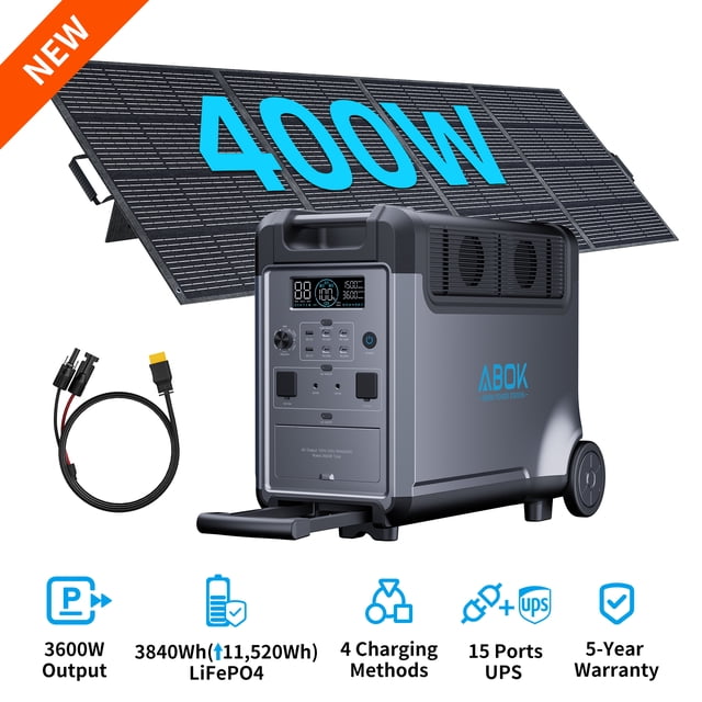 ABOK Ark3600 3600W 3840Wh solar generator paired with a 400W monocrystalline solar panel. The grey portable power station features a digital display, multiple output ports including AC, USB, and DC, and a telescopic handle with rugged wheels for mobility. The solar panel, with a 23% conversion rate, is shown unfolded behind the generator. Suitable for home, camping, RVs, outages, and off-grid use with green energy. Includes cables for connectivity.