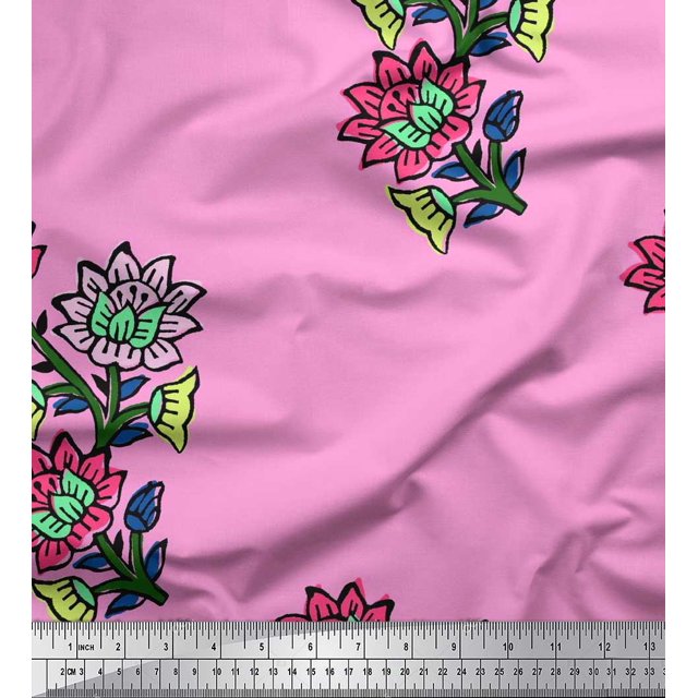 Soimoi Modal Satin Fabric Leaves & Floral Block Fabric Prints by Yard 42 Inch Wide