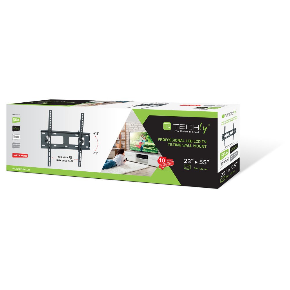Techly 23" to 55" Tilting LCD/LED TV Wall Mount - Tilt +/-15° - VESA up to 400x400 mm - Holds up to 60 kg, Black