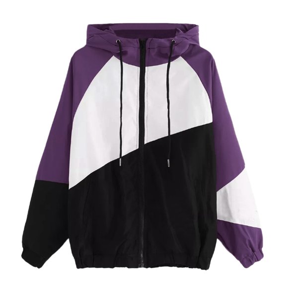 Women's Jacket Long Sleeve Patchwork Thin Hooded Zipper Casual Sport Coat Lightweight Comfortable Outerwear