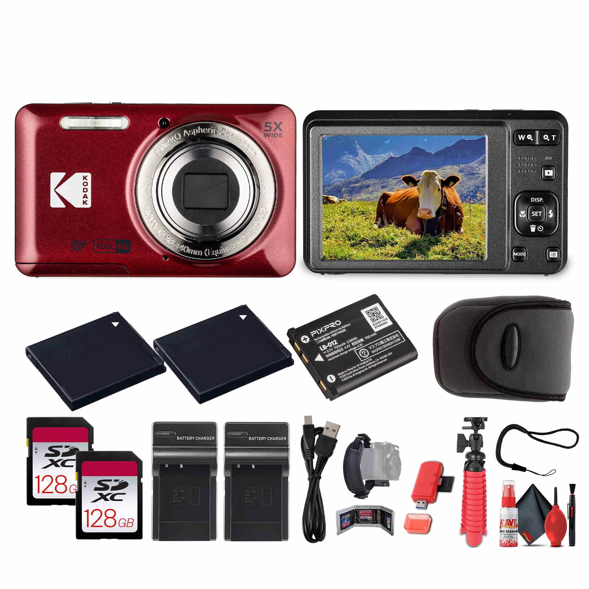 KODAK PIXPRO FZ55 本体 レッド Kodak Pixpro FZ55 Digital Camera (Red) Bundle Including: 2x 128 GB