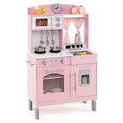 Costway Cuisine de jeu avec 3 hauteurs réglables, micro-ondes, cuisinières, évier, four, machine à glace rose