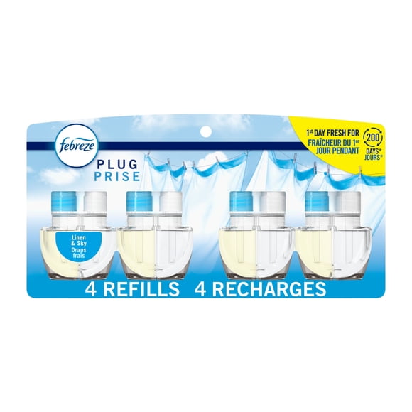 Febreze Plug In Air Freshener, Odor-Fighting Scented Oil Refill, Linen & Sky Scent, 4 Refills