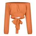 thumbnail image 4 of IROINID Savings Womens Long Sleeve Crop Tops Strapless Solid Color Off Shoulder Ruched Lantern Sleeve Crop Tops,Orange, 4 of 9