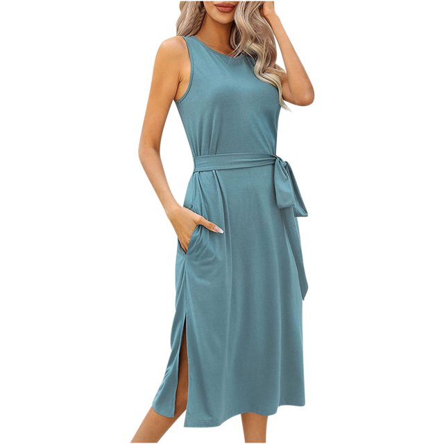 Robe d'Été pour Femme Sans Manches à Col Ras du Cou, Robe Basique Unie avec Taille à Nouer, Robe T-Shirt de Bureau avec Poches