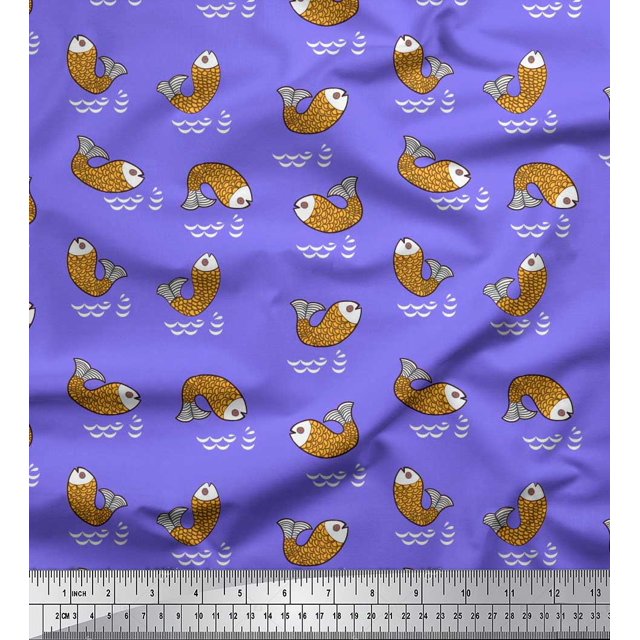 Soimoi Purple Poly Georgette Fabric Waves & Fish Ocean Printed Fabric 1 Yard 52 Inch Wide