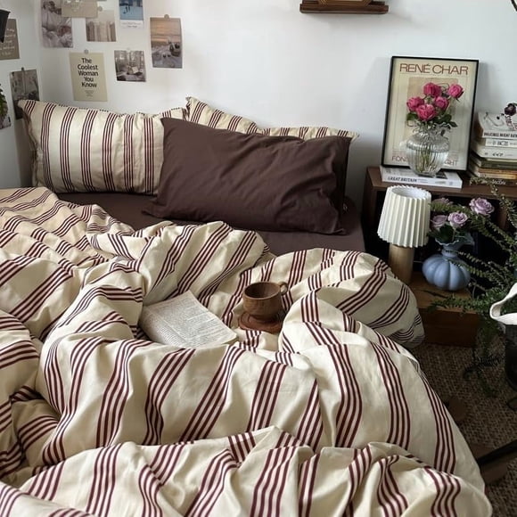 JOLUSERE 100% Organic Cotton Duvet Cover Queen Set, 3-Piece Reddish-Brown Stripes Soft Bedding Set
