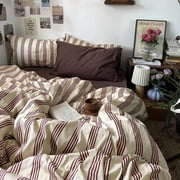 JOLUSERE 100% Organic Cotton Duvet Cover King Set, 3-Piece Reddish-Brown Stripes Soft Bedding Set