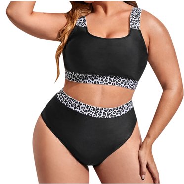 Sexy Bikini Top Womens Fashion Sexy Summer Plus Size Tank Top Solid Color Leopard Print High Waist Bikini Swimsuit
