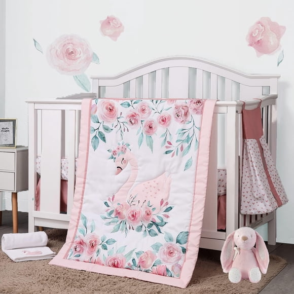 Sweet Baba Rose Swan Ensemble de Literie de Bassinette pour Bébés Filles, Ensemble de Bassinette 5 Mcx Incluant Couette/jupe/drap-Housse de Bassinette/range-Couches/couverture