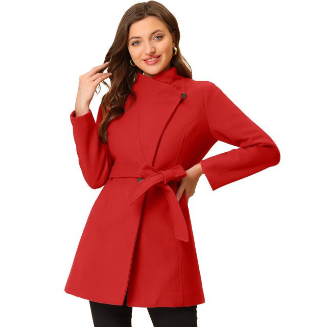 INSPIRE CHIC Manteau Long Classique pour Femme à Col Montant à Manches Longues d'Hiver avec Ceinture m Rouge