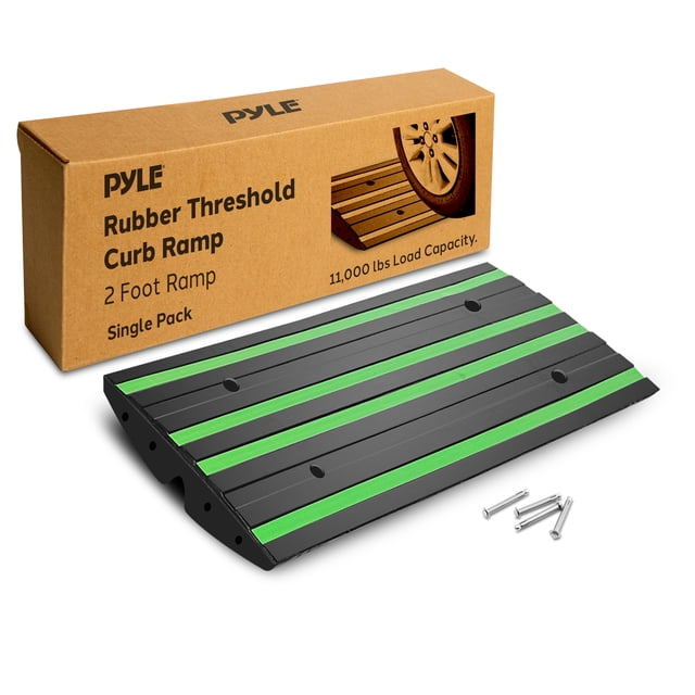 Pyle 2 Ft. Rubber Threshold Curb Ramp for Driveway - Heavy Duty Non-Slip Ramp for Vehicles - Green Reflective Strip, Marine Grade Waterproof, Ideal for Driveways & Sidewalks, 24.0"x16.0"x2.6" Inches