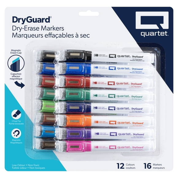 Quartet DryGuard Dry Erase Whiteboard Markers With Magnetic Cap Eraser, Chisel Tip, Assorted Ink Colours, Pack Of 16
