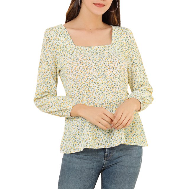 Unique Bargains Blouse à Manches Longues à Encolure Carrée à Fleurs pour Femmes