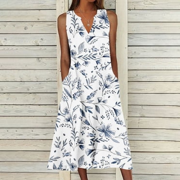 Fankiway Robe Décontractée d'Été pour Femme, Design Estival, Dégradé, Sans Manches, Col en V, Longue Robe, Robes de Plage pour Femmes, Grande Taille, Robes pour Femmes