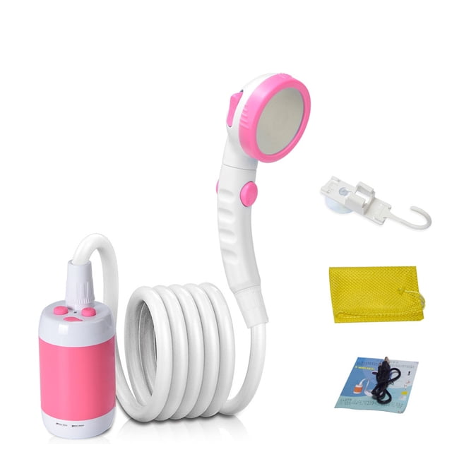 TFixol Portable Douche Extérieure avec Batterie Intégrée Rose, Dotée d'Une Pompe de Douche Compacte, d'Un Tuyau en Spirale et d'Une Pomme de Douche Réglable avec Trois modes d'Eau. Comprend un Porte-Aspirateur, un Câble USB, un Sac de Rangement et un Manuel. Parfaite pour le camping, la Randonnée, les Sorties à la Plage, le Lavage des Animaux et l'Usage à la Maison avec une Indice d'Étanchéité IPX7 et une Batterie de 5000 mAh pour un Fonctionnement Prolongé.