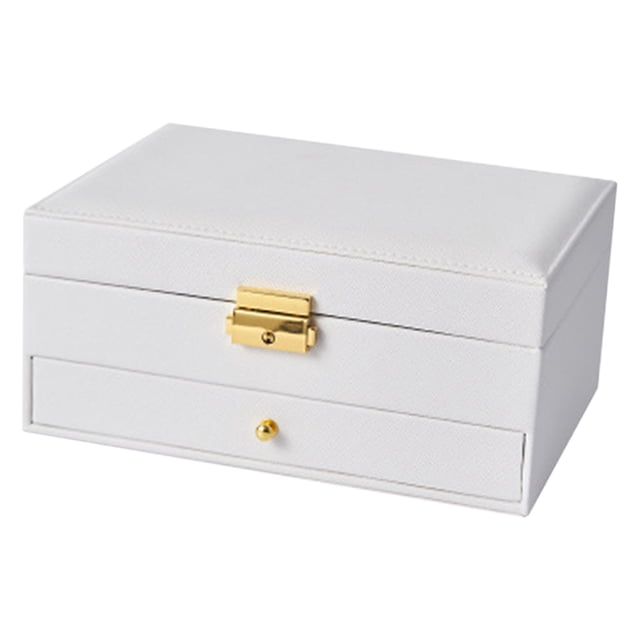 Jewelry Box with Lock and Key Jewelry Box with Lock and Mirror Jewelry Organizer Storage Case with 2-Layers Display for Earrings, Bracelets, Rings, and Watches. A white leather jewelry organizer with a gold hardware lock and key, measuring 23x17x10.5cm. Features double-layer storage compartments, necklace hooks, and detachable partitions for versatile jewelry storage and organization.