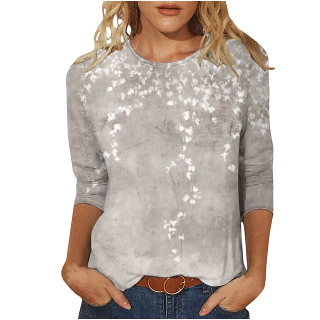 T-shirt Ample Imprimé pour Femme, Blouse à Manches 3/4, Col Rond, Hauts Décontractés