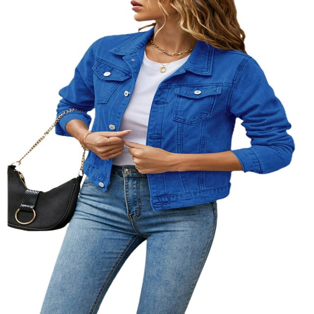 Veste en Jean pour Femmes, Basique, Boutonnée, Extensible, Ajustée, à Manches Longues