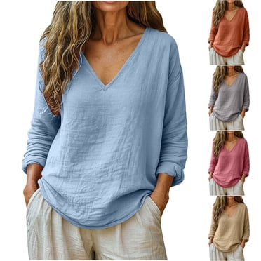QATAINLAV Women's Linen Long Sleeve Shirts Loose Casual V Neck Tunic Blouses Solid Color Lightweight Pullover Tops, Pink, M