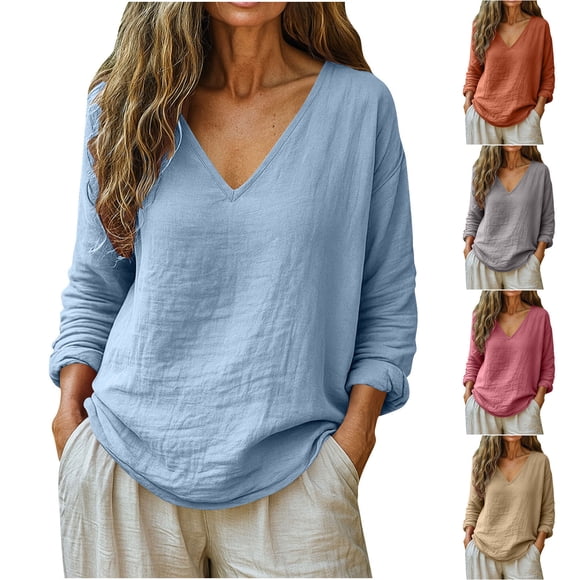 QATAINLAV Women's Linen Long Sleeve Shirts Loose Casual V Neck Tunic Blouses Solid Color Lightweight Pullover Tops, Blue, XL