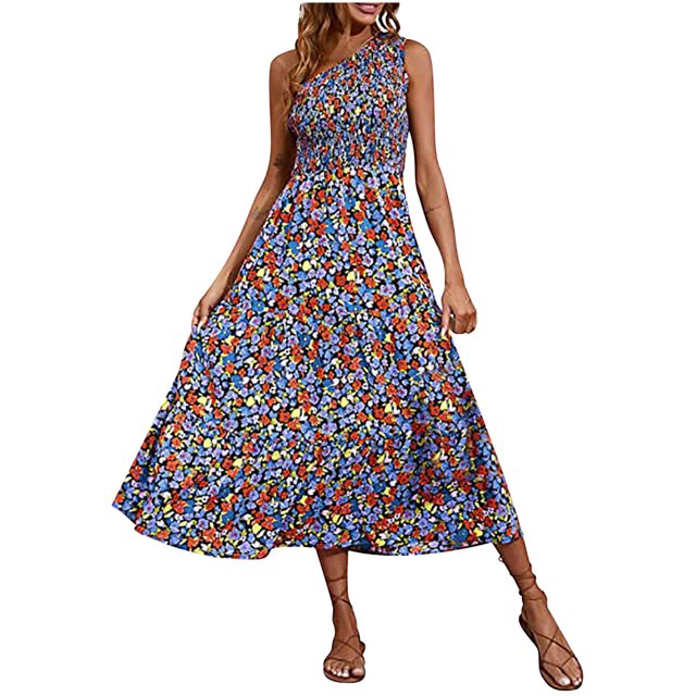 EGNMCR Robes d'Été Femmes Tendance 2024 Robe Bohème d'Été pour Femmes Imprimée Épaule Sans Manches Smockée Fluide à Volants Plage Maxi