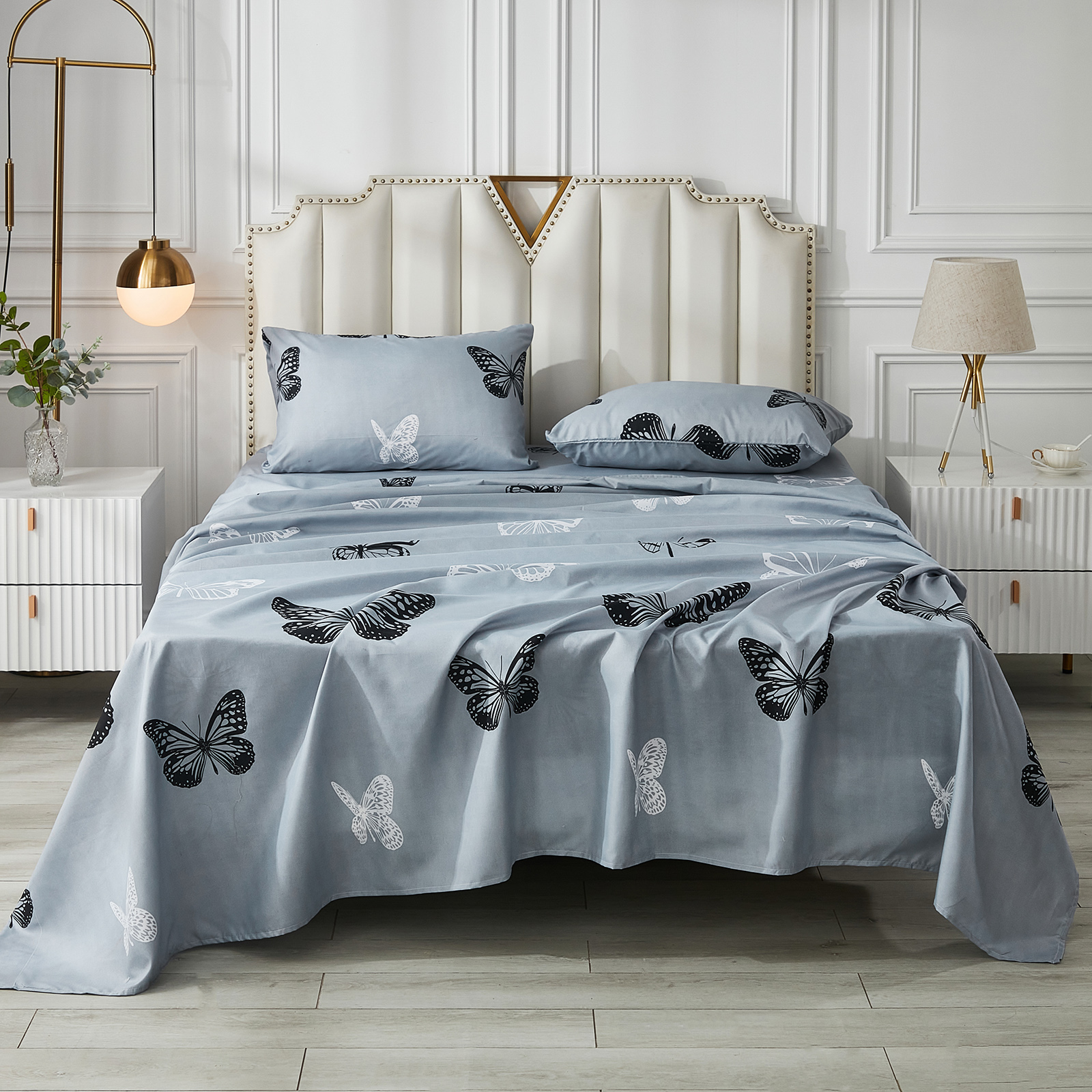 Move Over 4 pcs Butterfly Sheet Set Full Grey Fitted Sheet Chic Butterflies Pattern All Around Elastics Deep Pocket Sheet