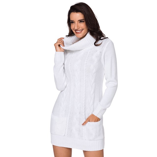 POGLIP Robe Chandail en Tricot Torsadé à Col Bénitier Blanche pour Femme en Tissu Lainé. Présente un Col Bénitier Élégant et Chaud, un design Ajusté en Tricot Torsadé, des Manches Longues et des Poches avant. la Robe Taille Mi-Cuisse et s'Agence Bien avec des leggings et des Bottes pour un Style Hivernal.