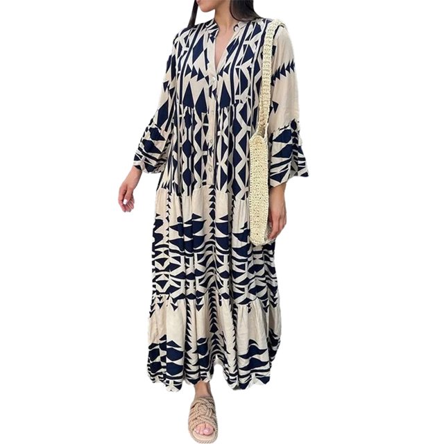Fortune Robe Longue Bohème pour Femme Grande Taille à Manches Longues, Boutonnée, Robe Chemise à Imprimé Géométrique, Coupe Ample Évasée, Tailles P-4TG