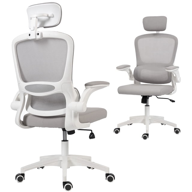HOMCOM Chaise de Bureau Ergonomique Gris avec Conception à Double Dossier pour Soutien Lombaire et du Haut du Dos. Chaise de Bureau Idéale pour les Installations de Mobilier de Bureau. Comprend un Appuie-Tête Réglable, des Accoudoirs Relevables, un Dossier en Maille Respirante et un Siège en Mousse à Haute Densité. Comprend un Réglage de la Hauteur, une Fonction de Bascule, un Siège Pivotant à 360° et des Roues en PU pour un Mouvement Fluide. Cadre Blanc Complète le Rembourrage Gris.