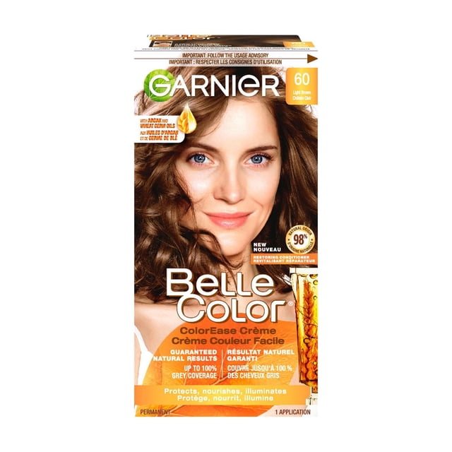 Garnier Belle Color Permanent Hair Dye, 60 Light Brown, 100% Grey Coverage, Enriched with Argan Oil and Wheat Germ Oils - 1 Application