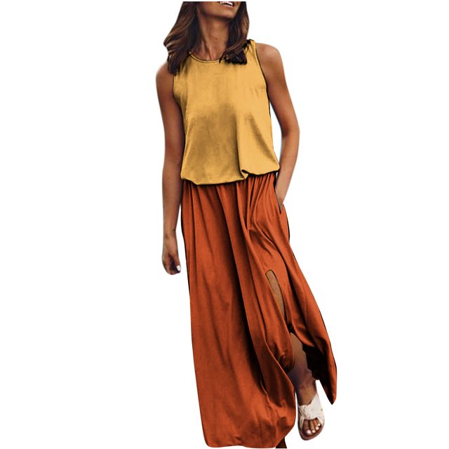 UPPADA Robe Débardeur Sans Manches pour Femme Été Bohème Fluide Robe d'Été Plissée Col Ras du Cou Robes Maxi Soirée Mariage Robes avec Poches Jaune,P