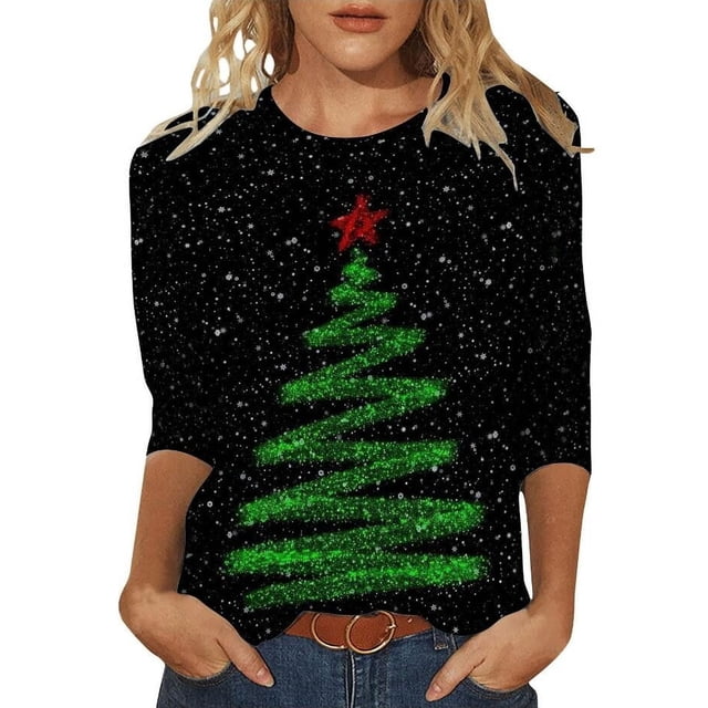 Jindong Chandail à Capuchon pour Femme Automne/hiver Uni à Col Rond Ample à Manches Longues avec Imprimé de Noël