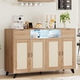 thumbnail image 1 of Sideboard Buffet Cabinet, 4 Rattan Doors 2 Drawers Accent Storage Cabinet, Console Table Coffee Bar w/Power Outlet & LED Light, Adjustable Shelves for Dining Living Room, Hallway, 1 of 7