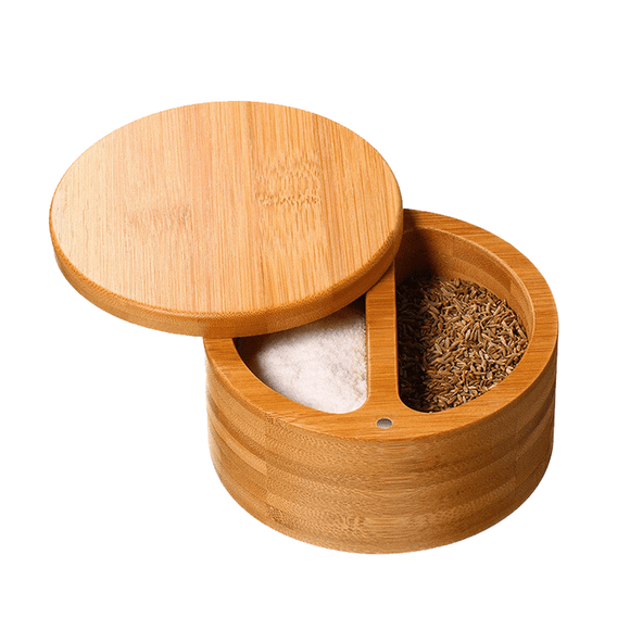 Premium Bamboo Salt Container, Salt Cellar with Magnetic Swivel Lid - Salt Box with Spoon
