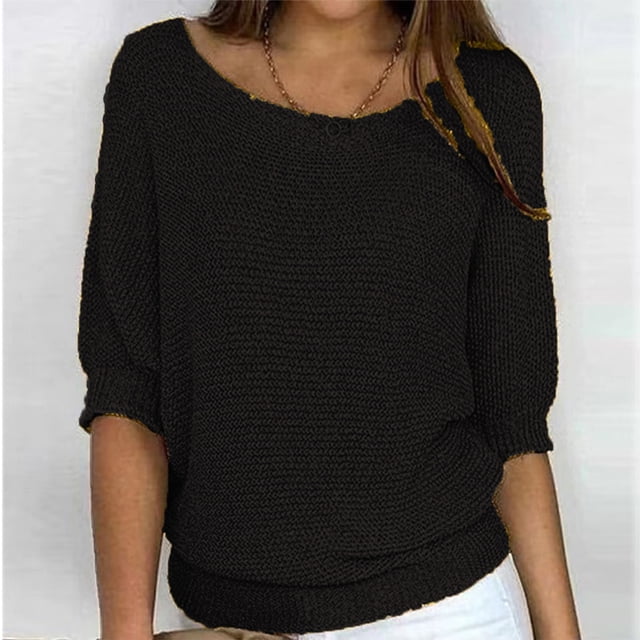 Qertyioot Chandail pour Femme Grande Taille Col Rond Tricot Élégant Manches 3/4 Chemise Confortable