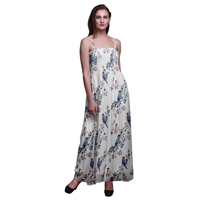 Bimba Robe Fluide à Bretelles Spaghetti Smockée pour Femmes Imprimée Pêche Florale et Merle d'Amérique - Blanc Moyen