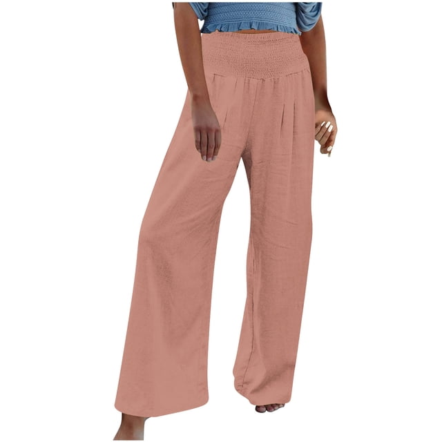 Timegard Beach Pants for Women Wide Leg Ruched High Waisted Smocked Flowy Summer Casual Loose Trousers