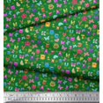 thumbnail image 2 of Soimoi Green Rayon Fabric Insect,Sun & Cartoon Alphabets Text Printed Fabric 1 Yard 42 Inch Wide, 2 of 3