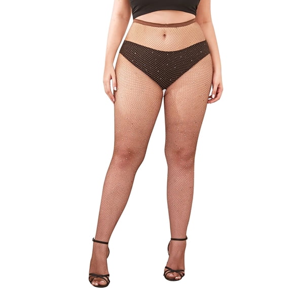 Bottes pour Femmes Grande Taille Aguichant Super Courtes à Strass en Filet Extensible Longues Chaussettes Hautes Bottes de Scène Performance Bottes pour Femmes Bas Bordure Bas Bas de compression Brun