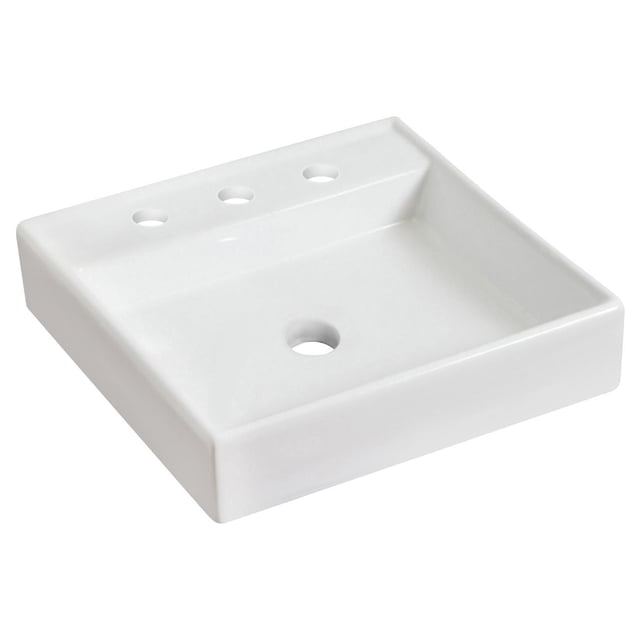 American Imaginations 17.5-in. W Vessel White AI-597 square above-counter ceramic vessel sink with white enamel glaze finish, featuring three faucet holes for 8-in. o.c. faucet installation and a 4-in. thick top edge, ideal for bathroom renovation.