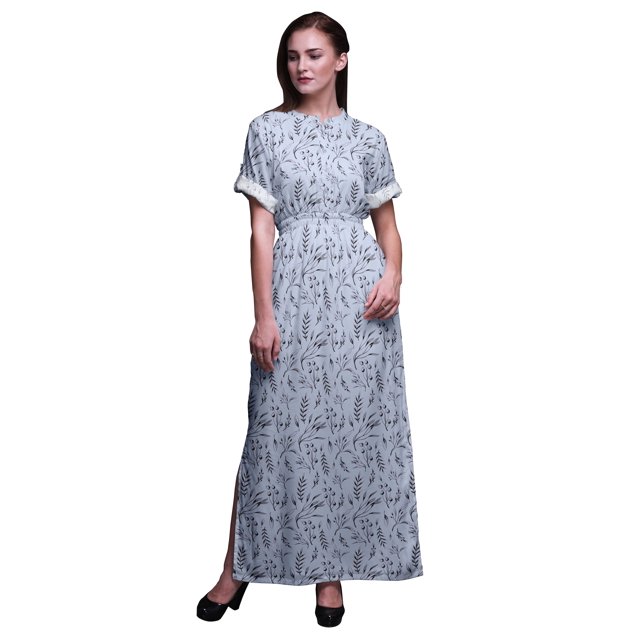 Bimba Robe Longue en Rayonne à Feuilles de Bleuet pour Femmes, Boho, Plage, Cocktail, Fête, Robe Fendue Maxi - Grande