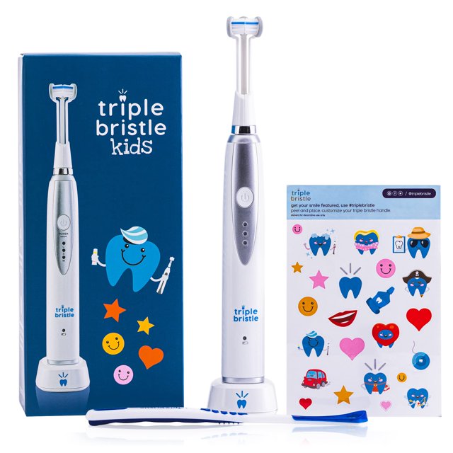 Triple Bristle Kids Sonic Toothbrush | 1 Pack | 3 Sided Toothbrush to Clean Teeth and Gums | Dentist Created & Approved | Fun Sticker Rewards | Rechargeable Three Sided Toothbrush for