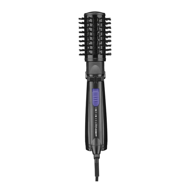 Infinitipro by Conair 2in. (50mm) Spin Ceramic Hot Air Brush in black with a ceramic barrel and soft bristle brush head, featuring a purple slide switch and power cord, designed with ionic technology to reduce frizz and enhance shine while volumizing hair with multidirectional rotating action.