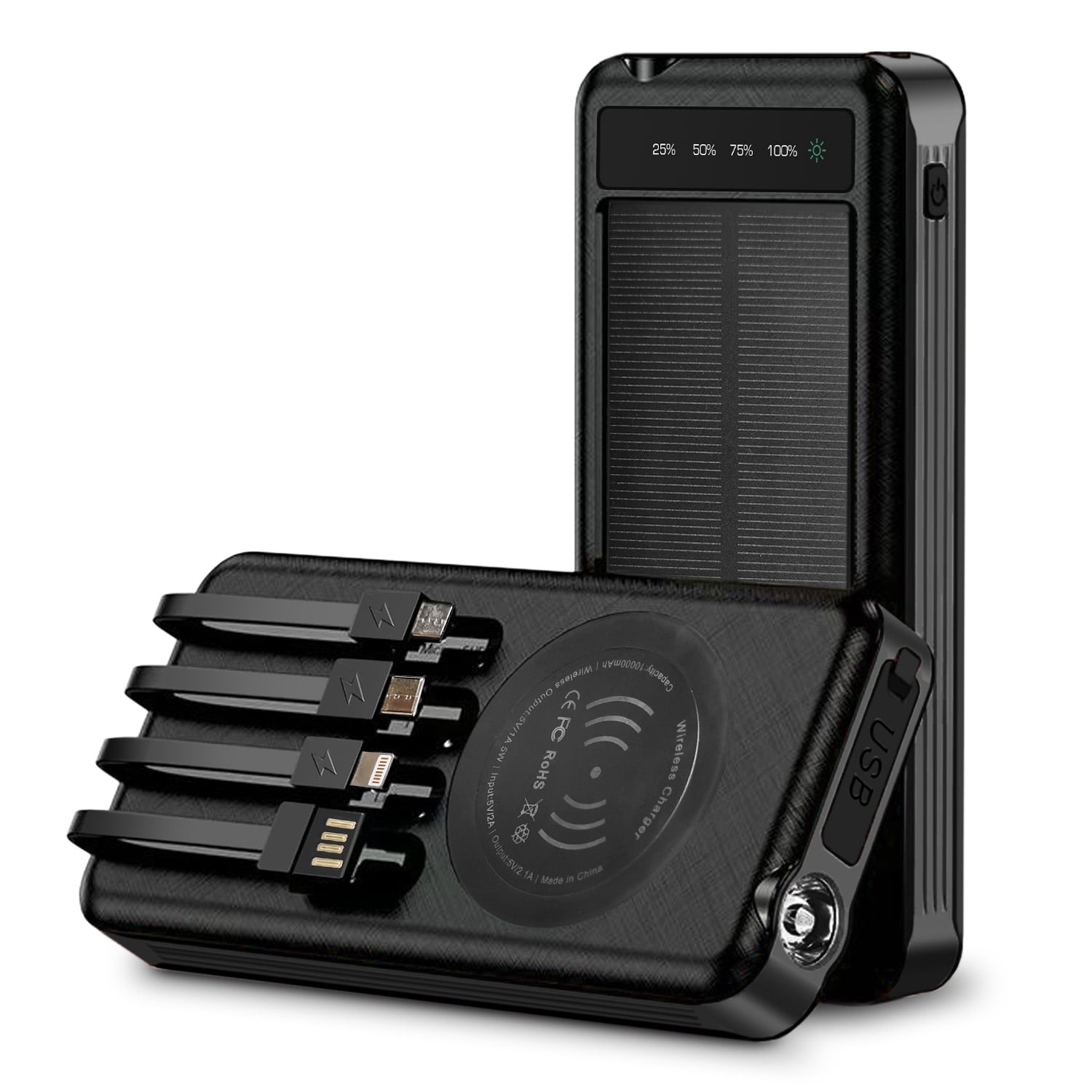 Outdoor Solar Portable Power Bank with Wireless Charging, Built-in 4 Cables, 10000mAh Battery, IP65 Waterproof, Dustproof, Digital Display power, LED Flashlight, High Conversion efficiency