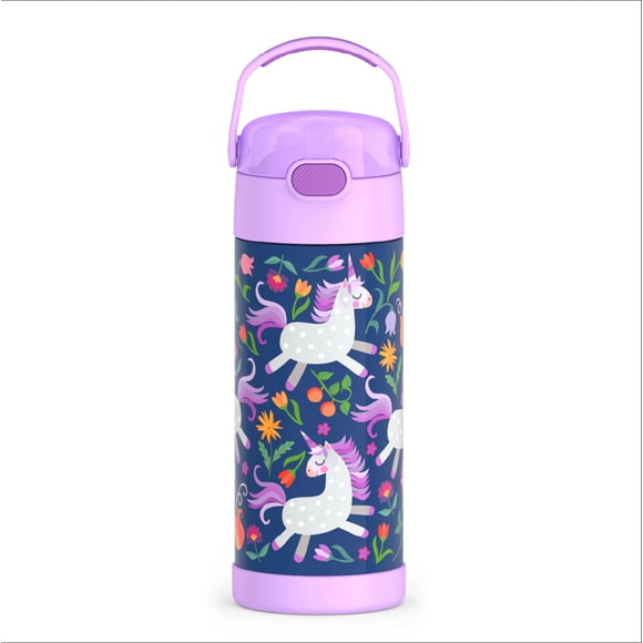THERMOS FUNTAINER Bouteille d'Eau avec Paille - 12 Onces - Bouteille d'Eau pour Enfants en Acier Inoxydable à Isolation sous Vide avec Couvercle, Unicorn Blooms