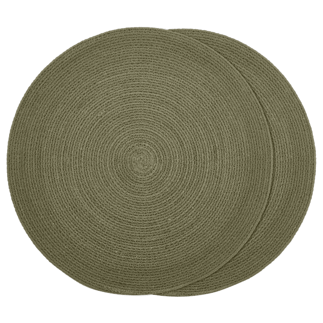 Bouclair Green Set of 2 Round Placemats front-facing view of two 15 in (38.1 cm) diameter 100% cotton placemats in solid green colour, 0.2 in (0.51 cm) thickness with flat woven texture; shown on a neutral tabletop for table setting and dining decor, suitable as a base for small centrepieces.