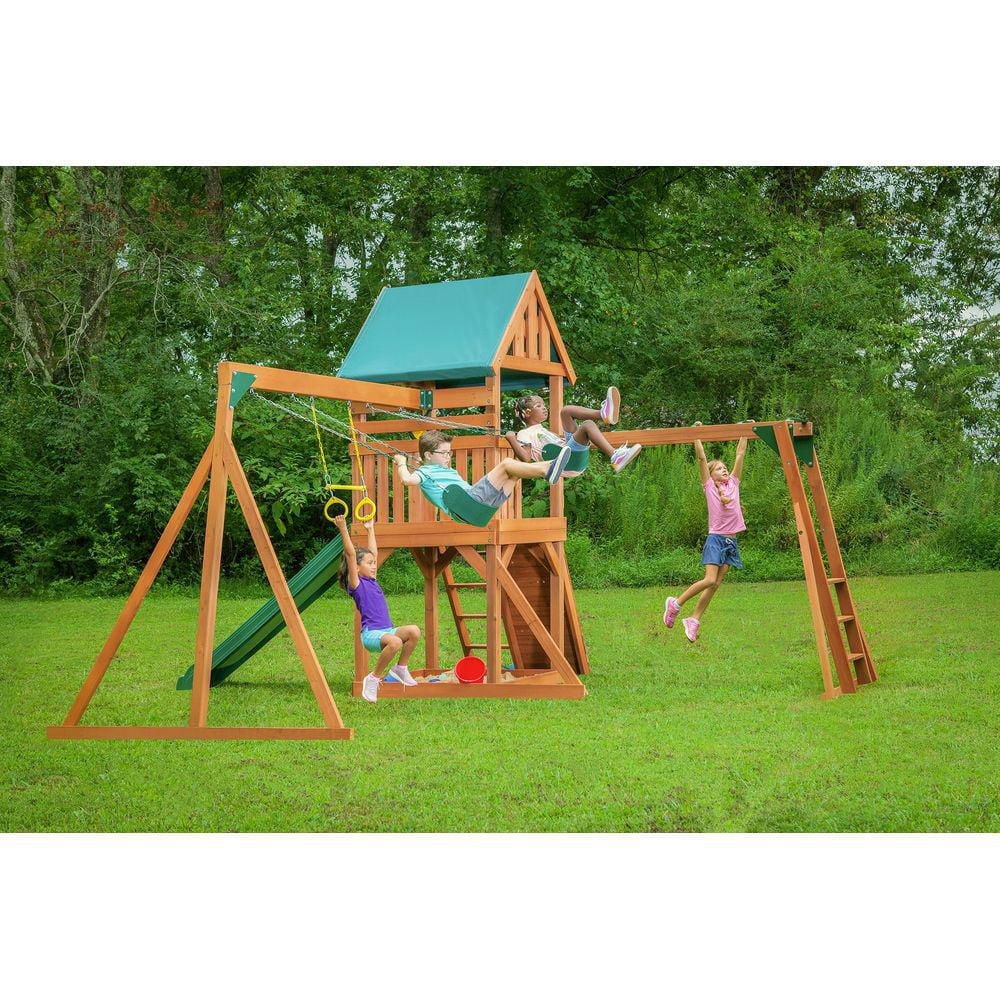 Creative Cedar Designs Mountain View Wooden Playset with Rock Wall, Slide and Swings (Yellow & Green)