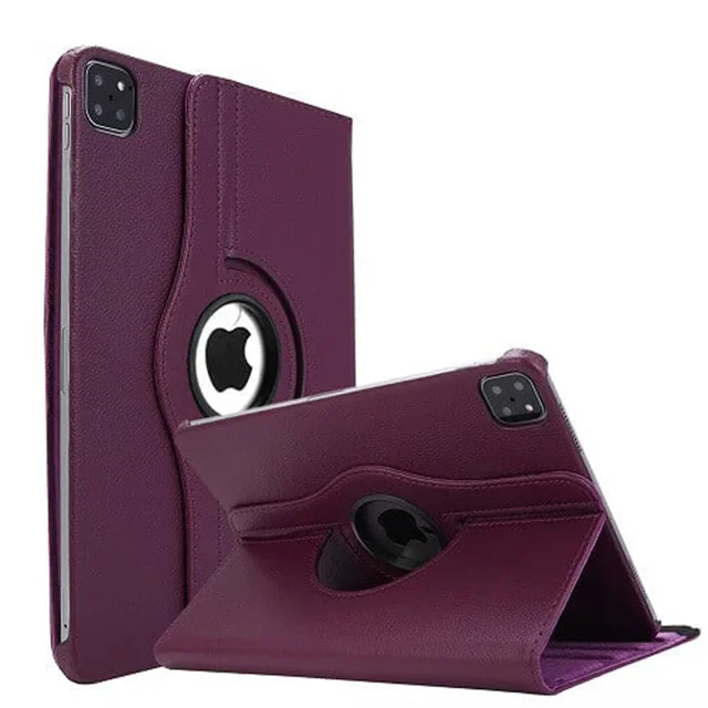 iPad Air 13 Inch Case 2024/iPad Pro 12.9 Case (6th/5th Gen 2022/2021) in purple, featuring a slim smart shell design with a translucent frosted hard PC back cover. The case supports Touch ID, Apple Pencil Pro/2nd generation, and USB-C compatibility. It includes a 360-degree rotating stand for multiple viewing angles in landscape and portrait modes. The premium synthetic leather exterior, soft microfiber interior, and hard PC back shell provide full protection against scratches, fingerprints, and daily wear. Built-in magnetic strip enables auto sleep/wake functionality.