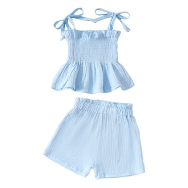 Splozh Ensemble de Vêtements d'Été pour Tout-Petites Filles, Vêtements pour Bébés et Tout-Petites Filles, Couleur Unie, Camisole Sans Manches, Ensemble Pantalon en Lin, Tenues d'Été pour Bébé, Bleu, 12-18 Mois